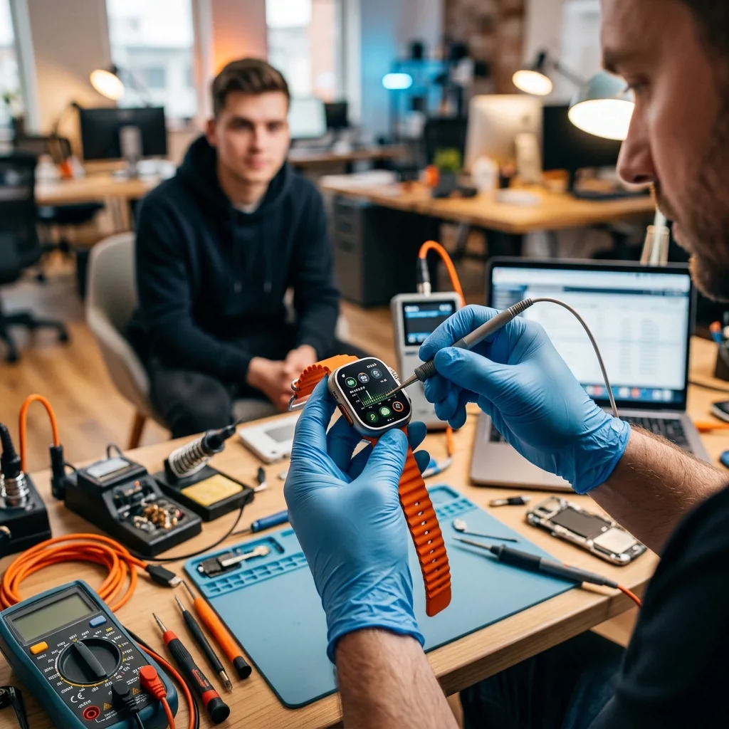 Специалист проверяет Apple Watch Ultra 2 перед выкупом в офисе