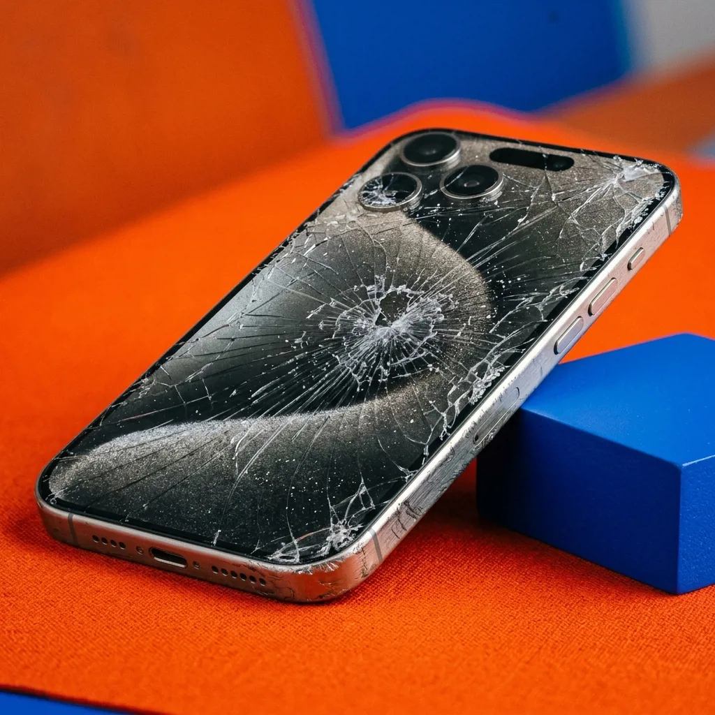 Разбитый iPhone 15 Pro Max с трещиной на экране