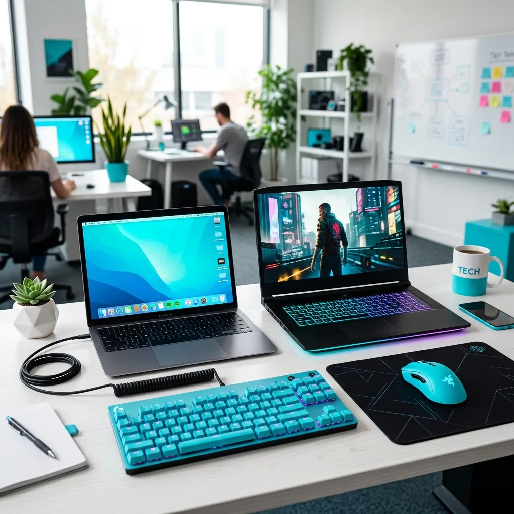 Ноутбуки MacBook и игровые модели на столе оценщика