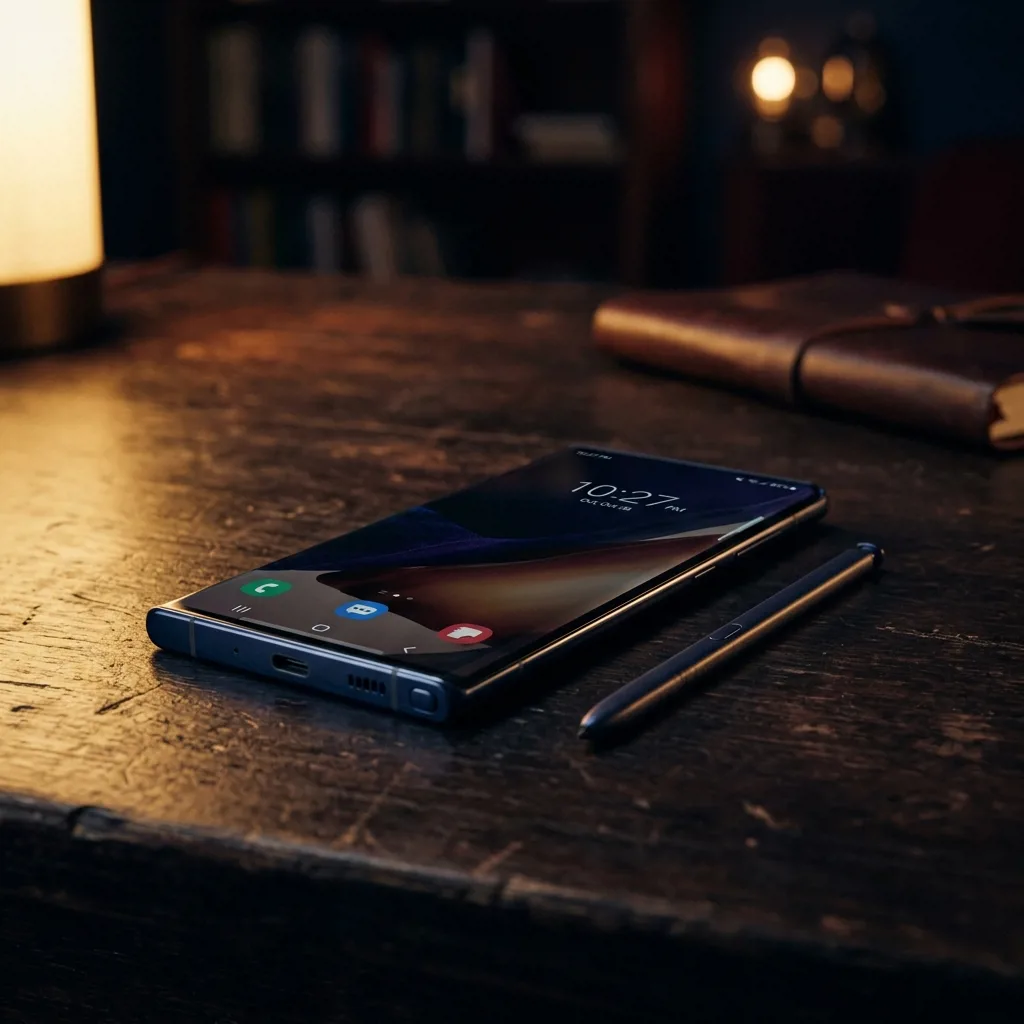 Смартфон Samsung Galaxy Note со стилусом на столе