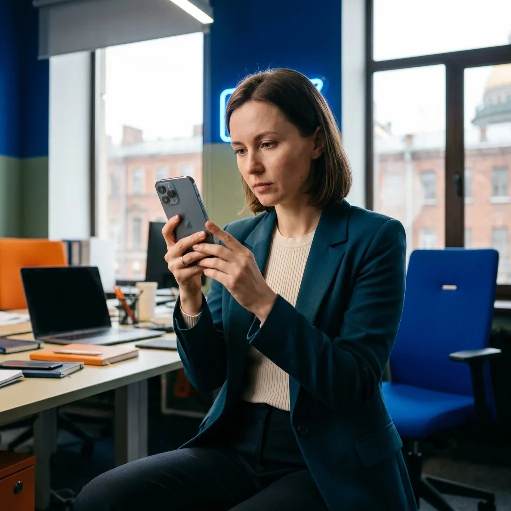 Специалист по скупке оценивает iPhone перед выкупом в Санкт-Петербурге