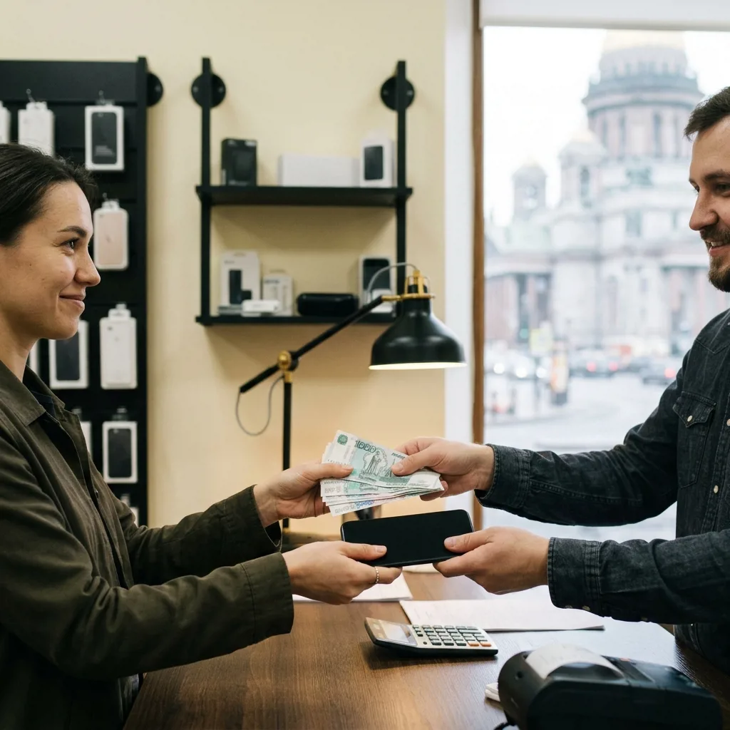 Клиент получает деньги за проданный iPhone в офисе у метро Владимирская