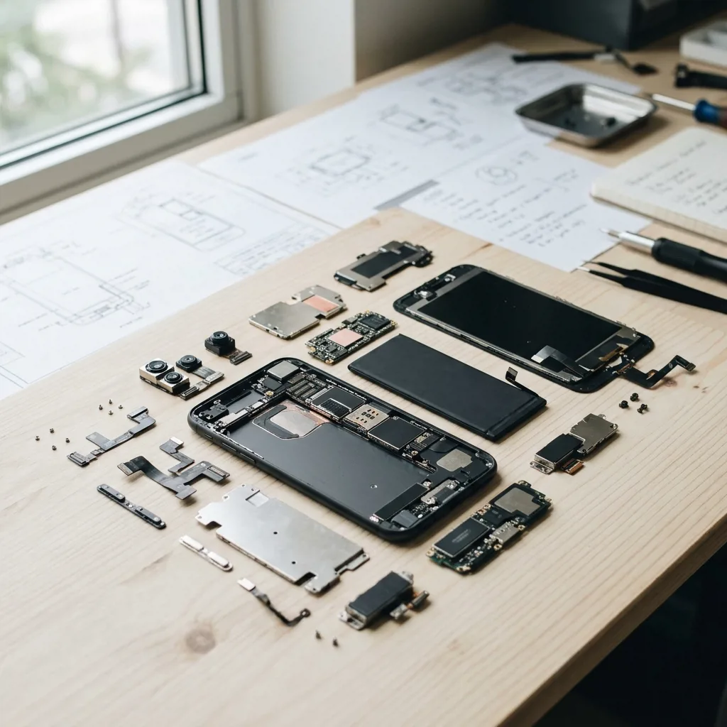 Разобранный iPhone на запчасти перед оценкой специалистом