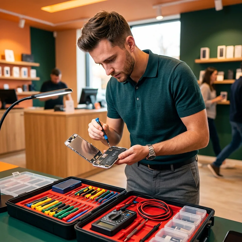 Специалист проводит диагностику iPhone перед продажей с гарантией