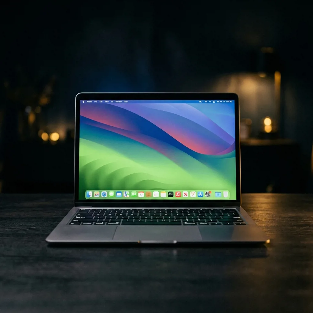 MacBook Air 13 M2 восстановленный — вид спереди, открытый экран с рабочим столом macOS