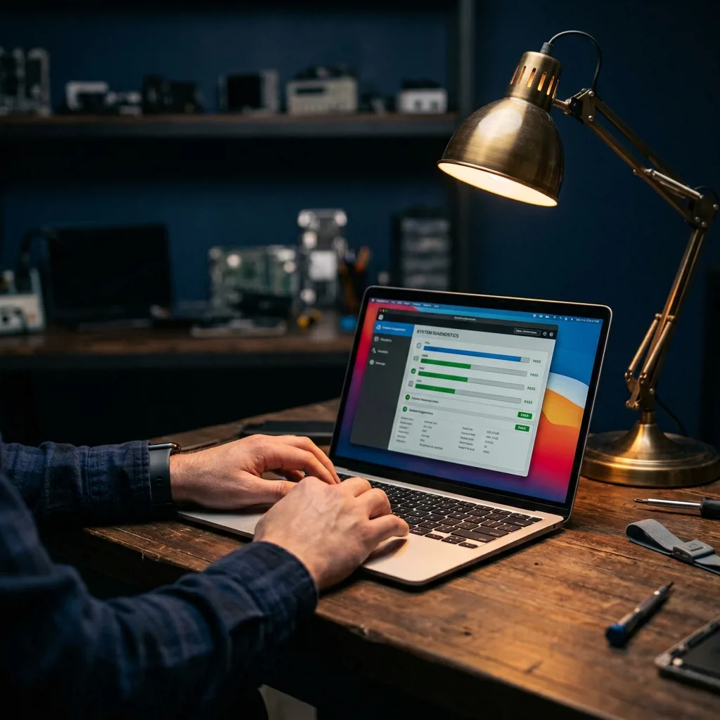Специалист Re:Скупка проводит диагностику MacBook Air 13 M2 перед продажей