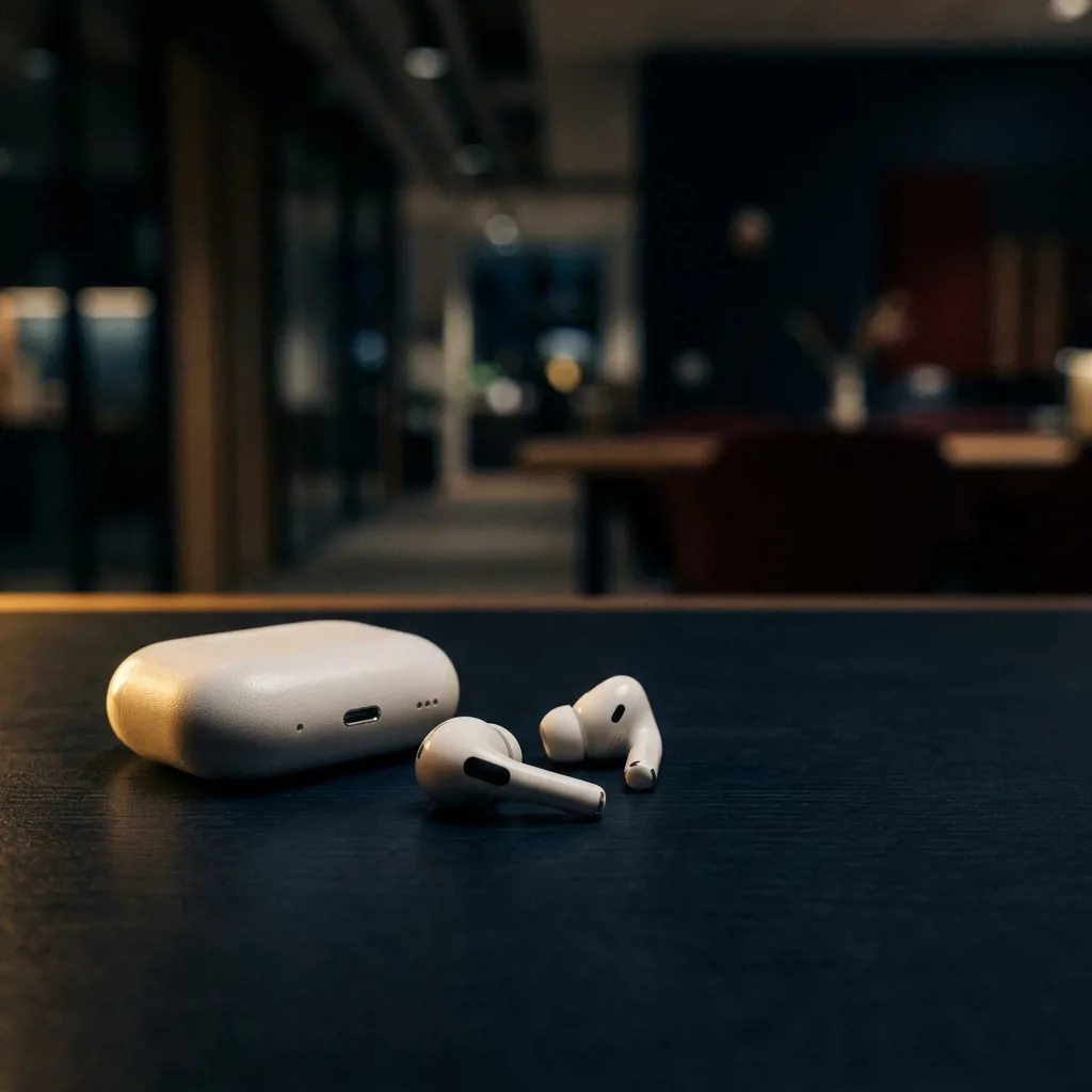 Беспроводные наушники AirPods с зарядным кейсом на светлом фоне