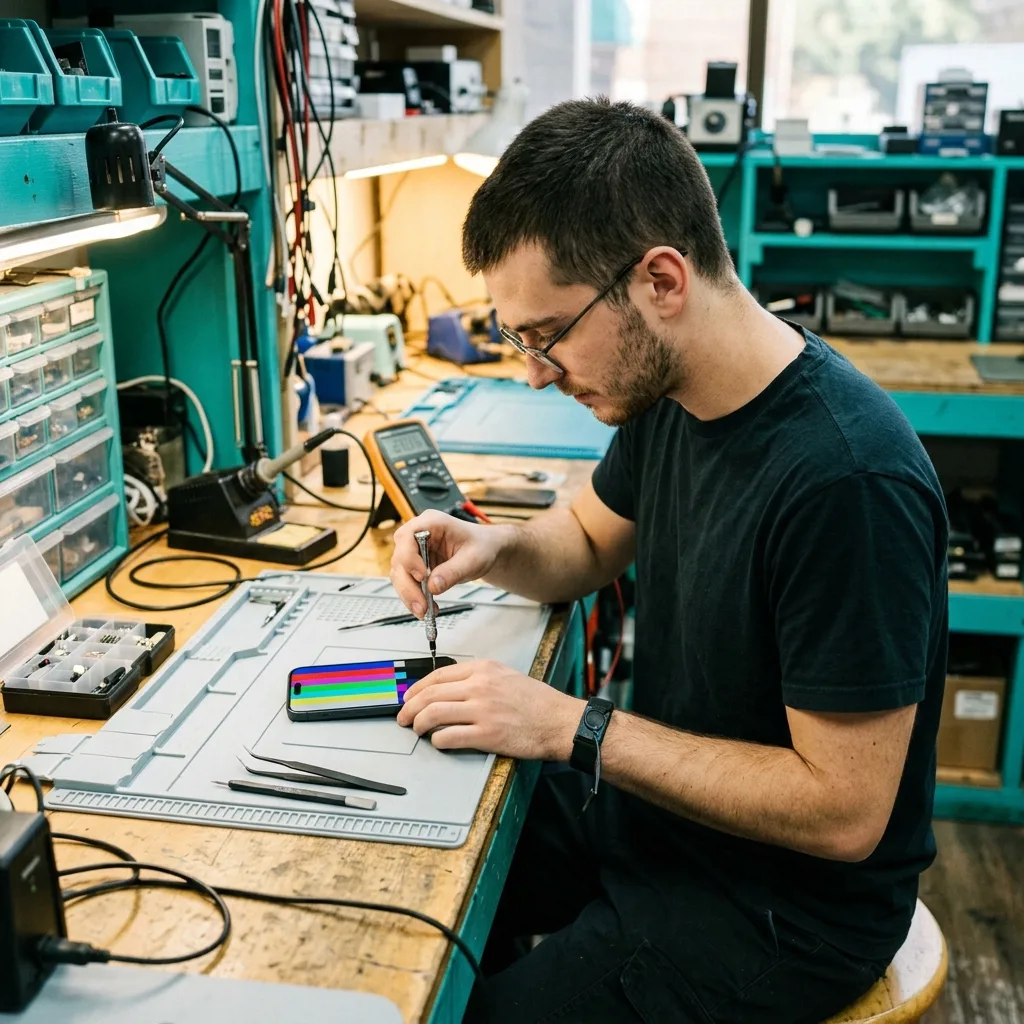 Специалист Re:Скупка проводит диагностику iPhone 15 перед продажей в мастерской