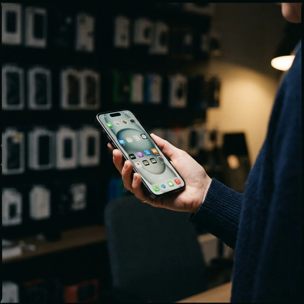 Восстановленный iPhone 15 в руке покупателя — хорошее состояние, оригинальный экран