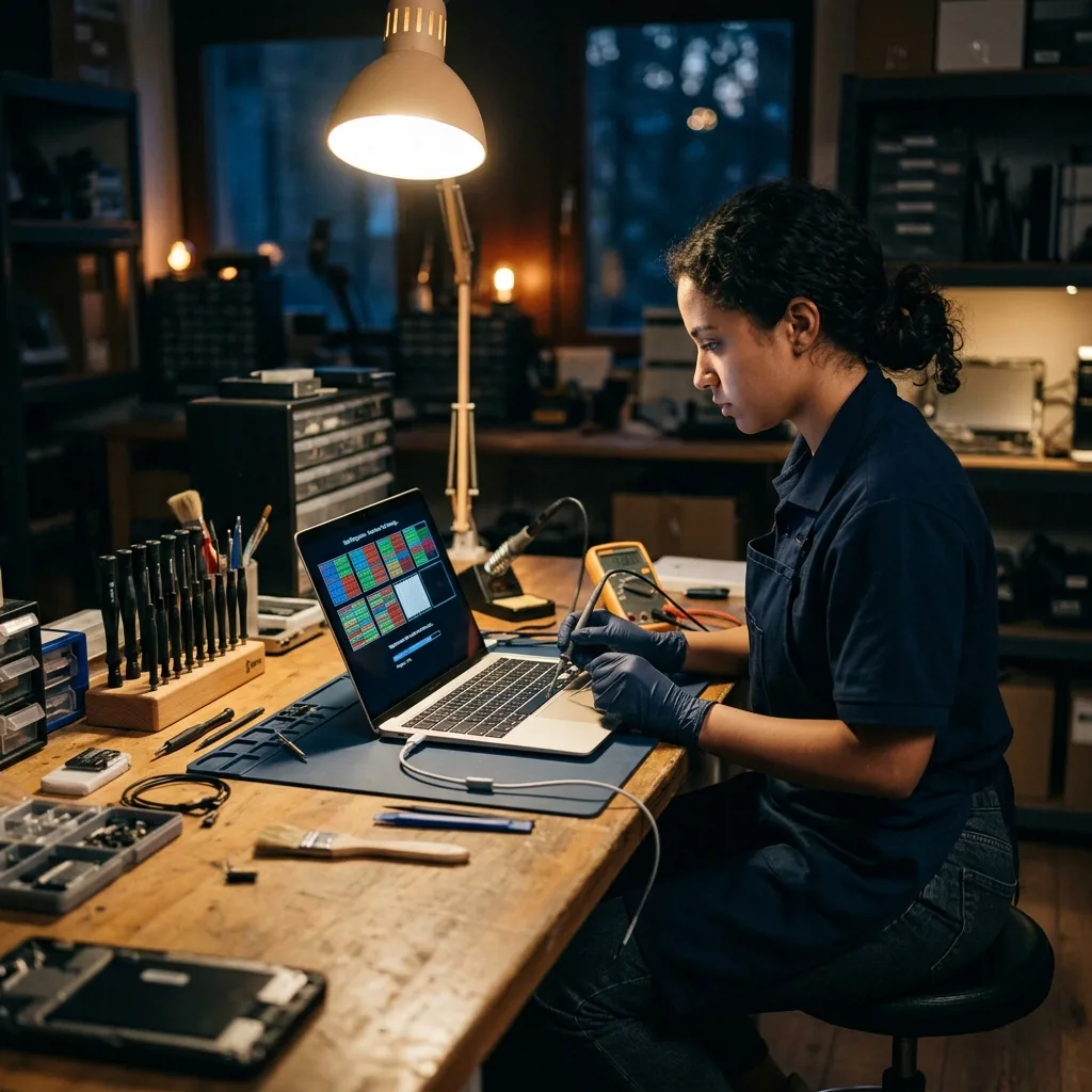 Специалист проводит диагностику MacBook Air 13 M2 перед продажей