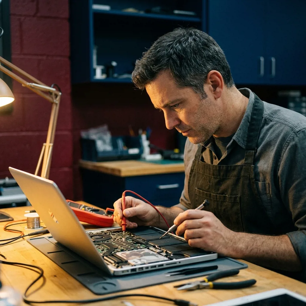 Специалист Re:Скупка проводит диагностику MacBook перед выкупом