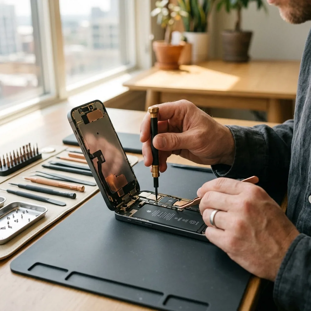 Специалист проводит диагностику iPhone перед продажей