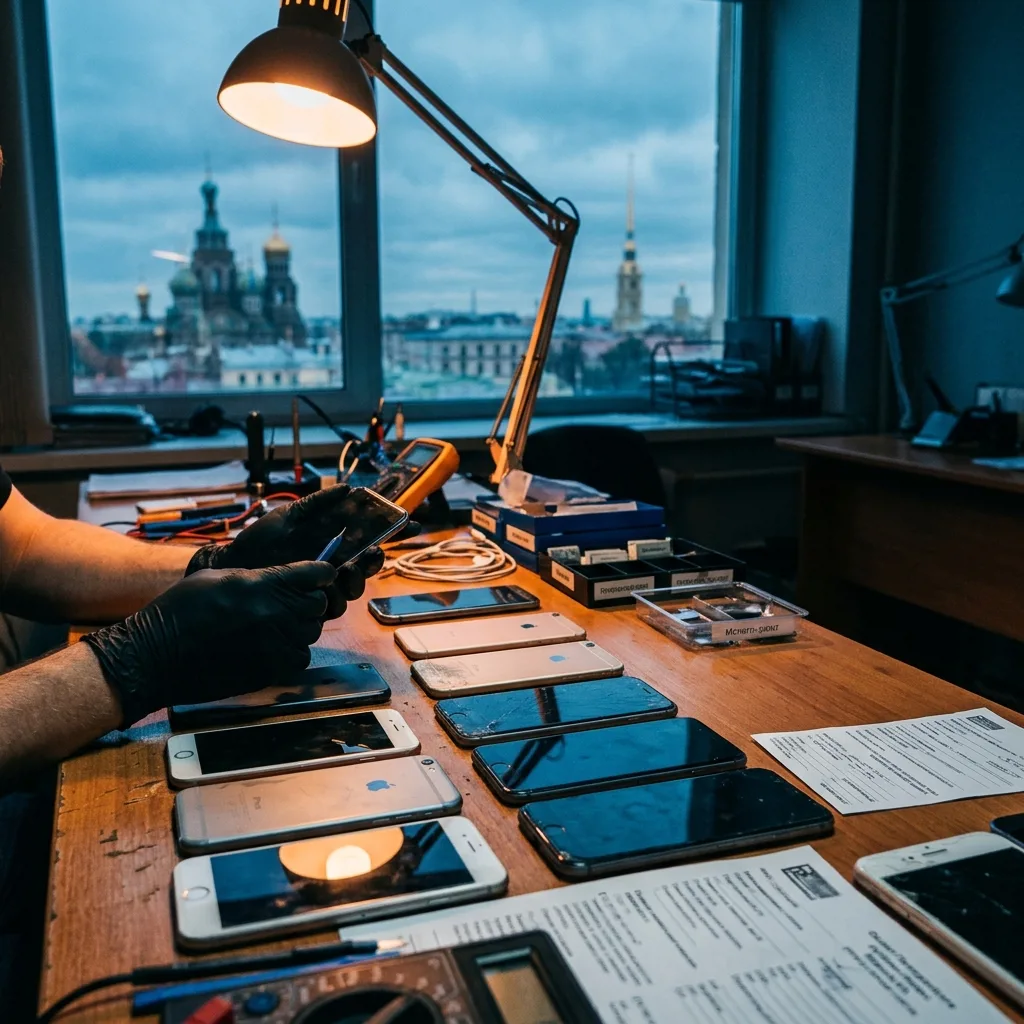 Специалист Re:Скупка проводит оценку iPhone перед выкупом в офисе у метро Владимирская