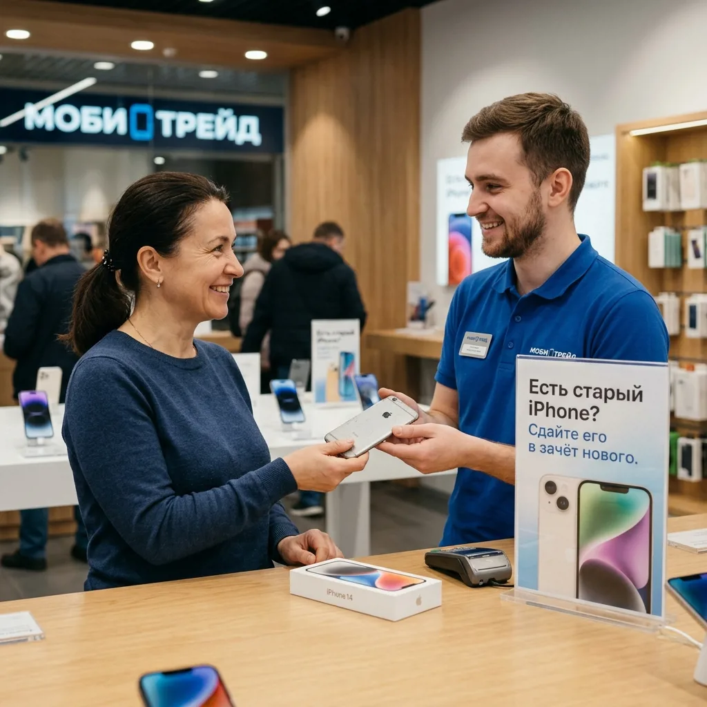 Специалист магазина помогает покупателю выбрать восстановленный iPhone в офисе у метро Владимирская