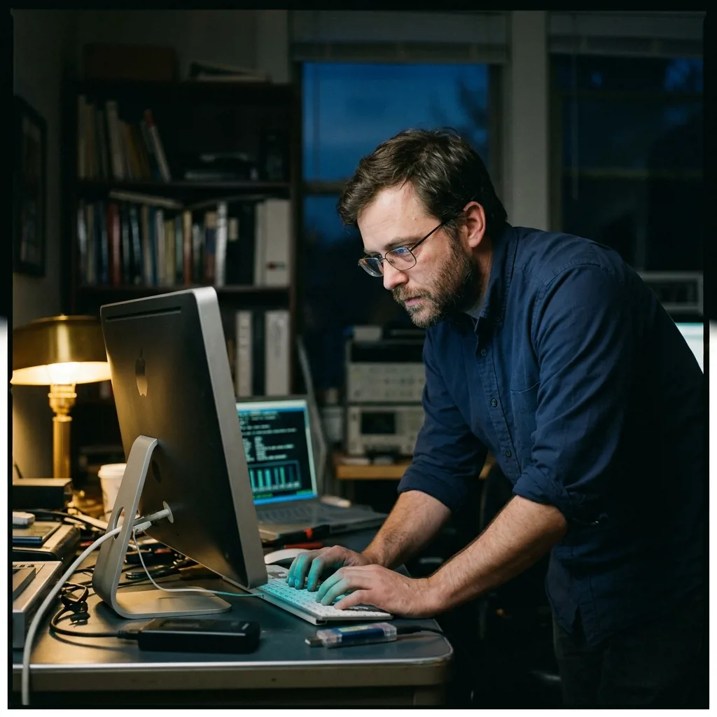 Специалист проводит диагностику моноблока iMac в офисе