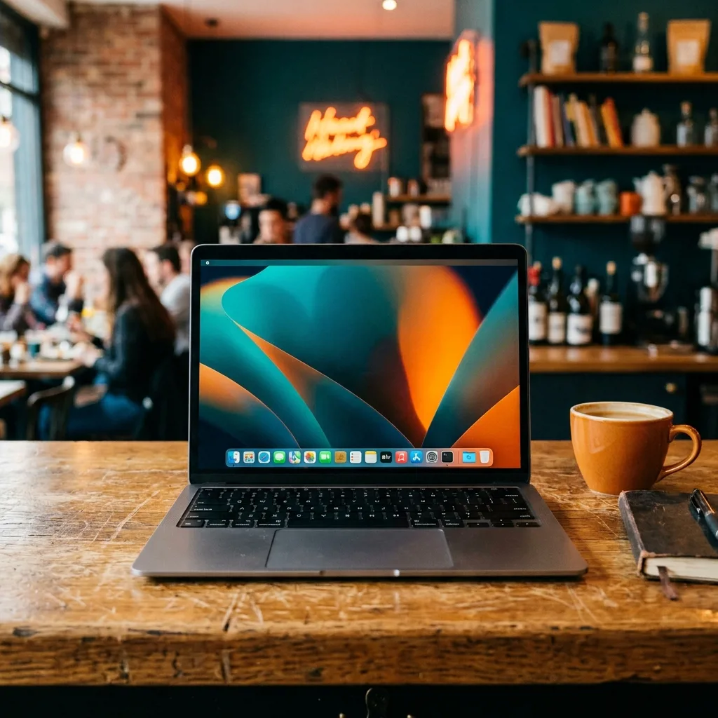 MacBook Air 13 M2 вид спереди, открытая крышка, рабочий стол macOS