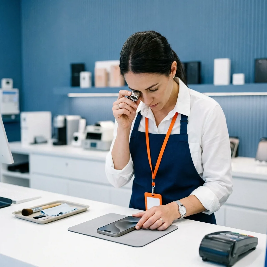 Оценщик проверяет iPhone 15 Pro перед выкупом