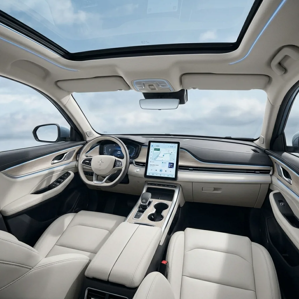 Geely EX5 EM-i в комплектации Luxury, интерьер с панорамной крышей