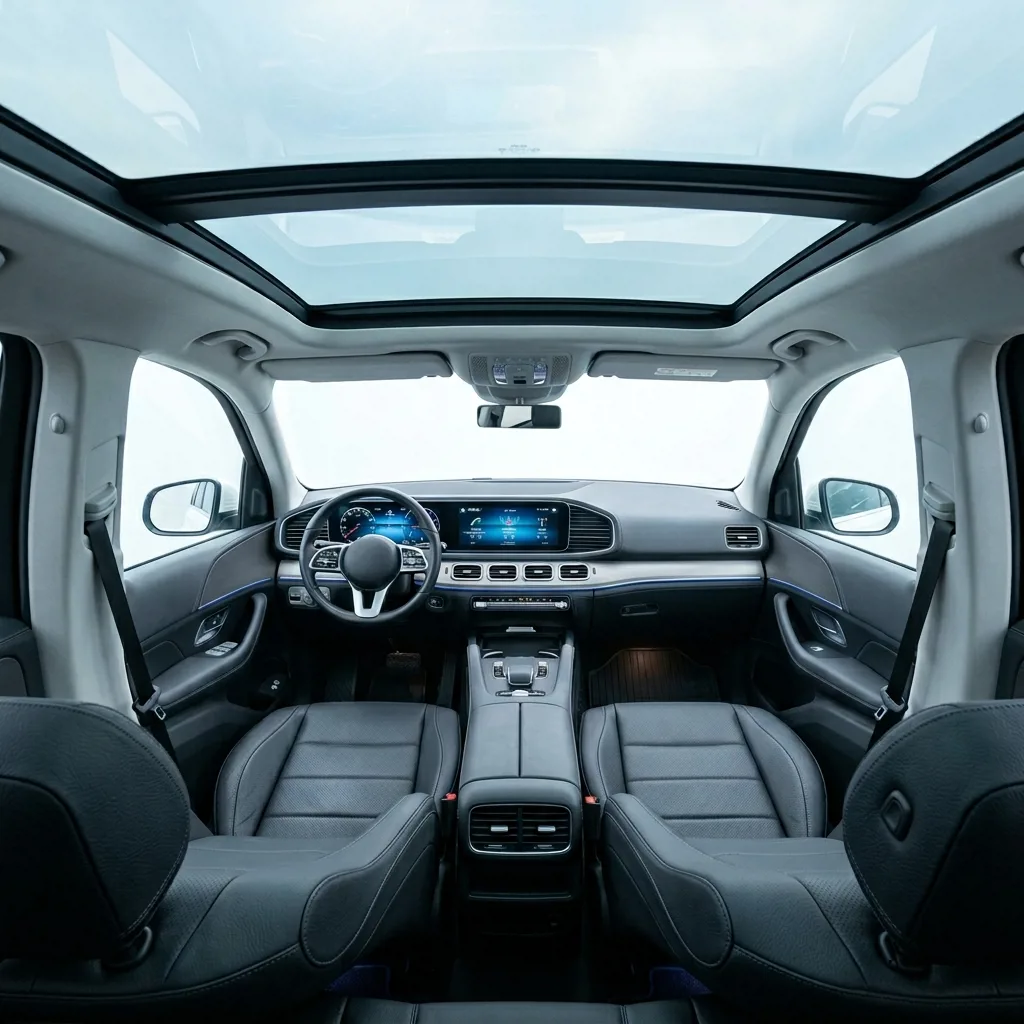 Салон Geely Atlas с кожаными сиденьями и панорамной крышей