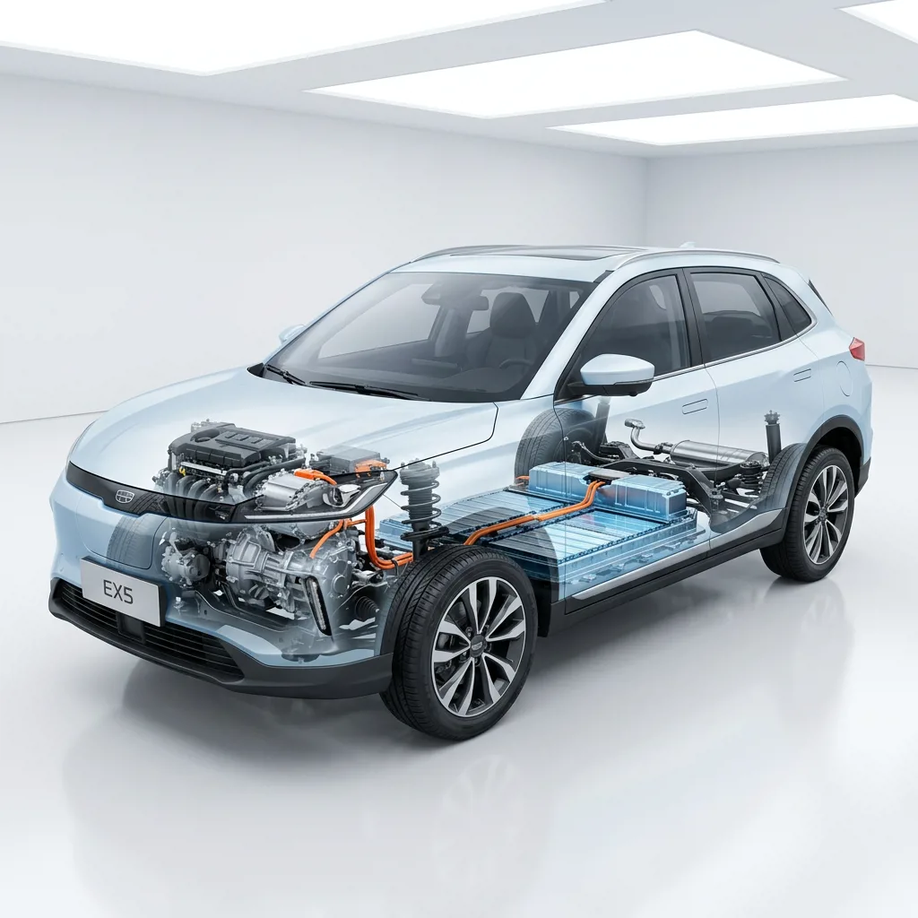 Схема работы гибридной системы EM-i в разрезе автомобиля Geely EX5