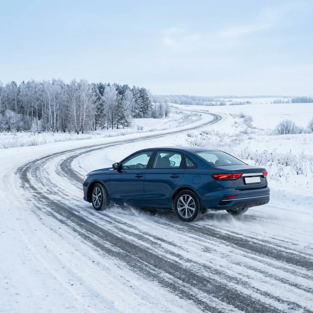 Geely Emgrand на дороге зимой в Астрахани