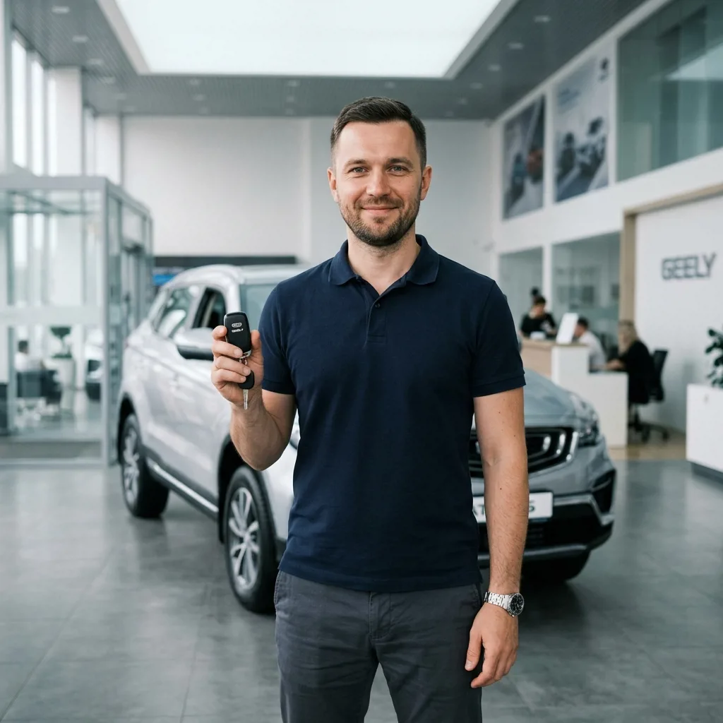 Клиент получает ключи от Geely Atlas в Астрахани