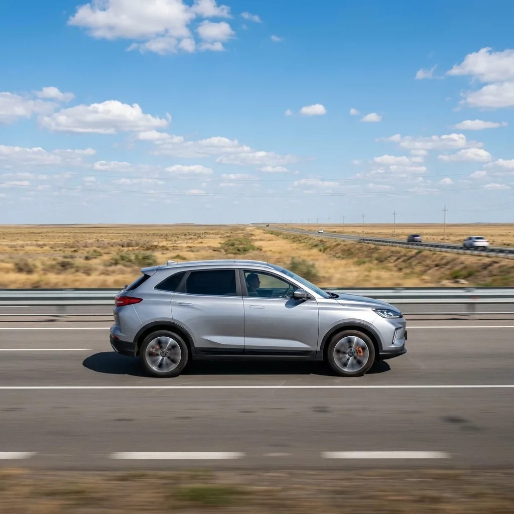 Geely EX5 EM-i на трассе в окрестностях Астрахани, демонстрация дальнобойности