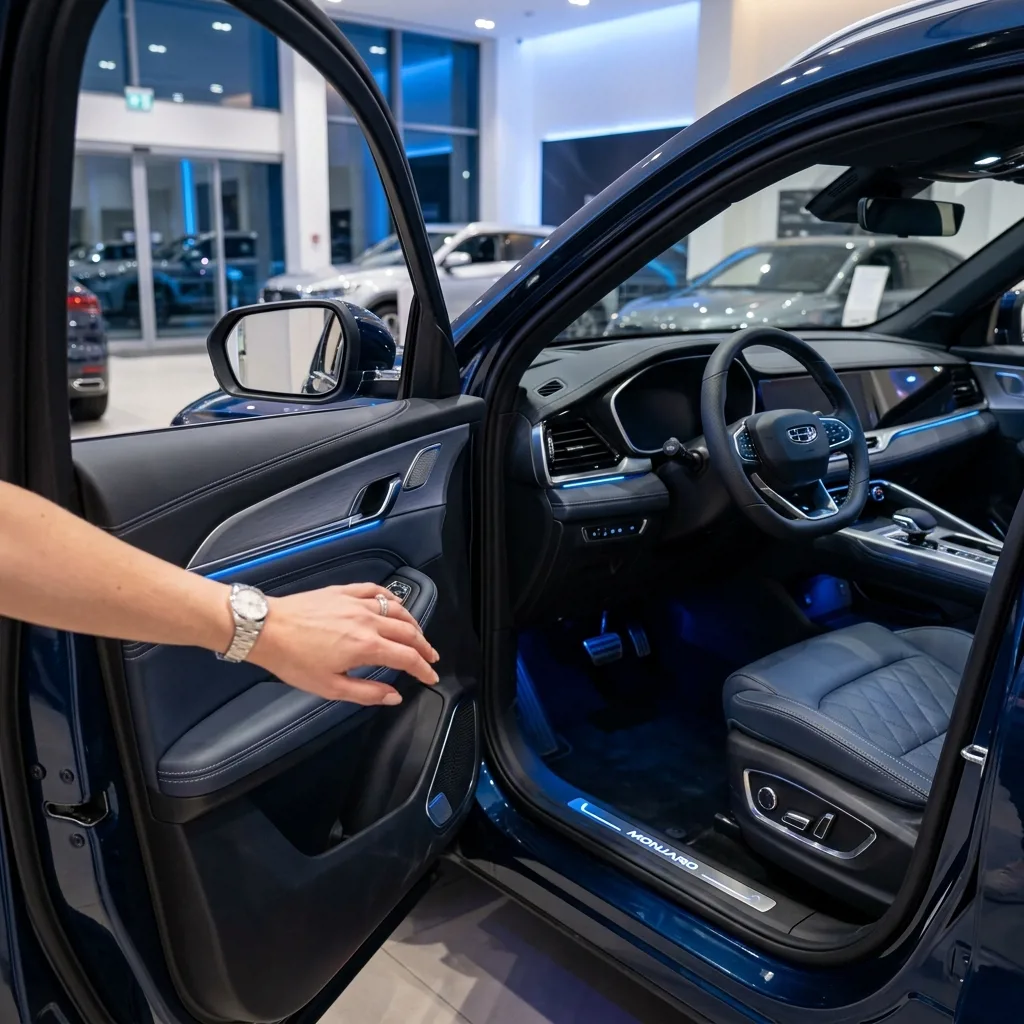 Клиент осматривает Geely Monjaro перед покупкой