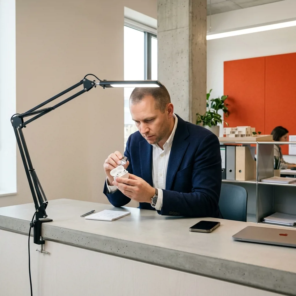 Специалист проверяет наушники AirPods перед выкупом