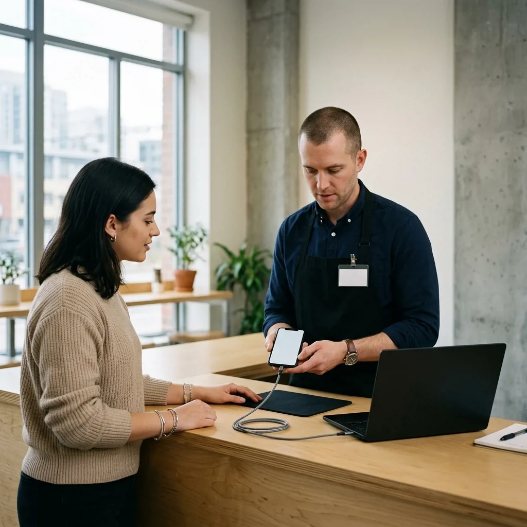Специалист Рескупка проводит проверку iPhone перед выкупом у клиента в СПб