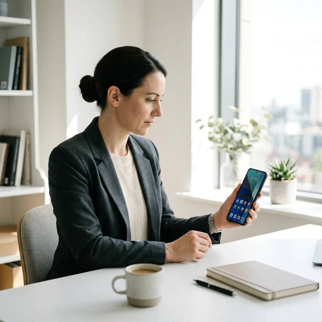 Специалист оценивает смартфон Xiaomi Redmi перед выкупом