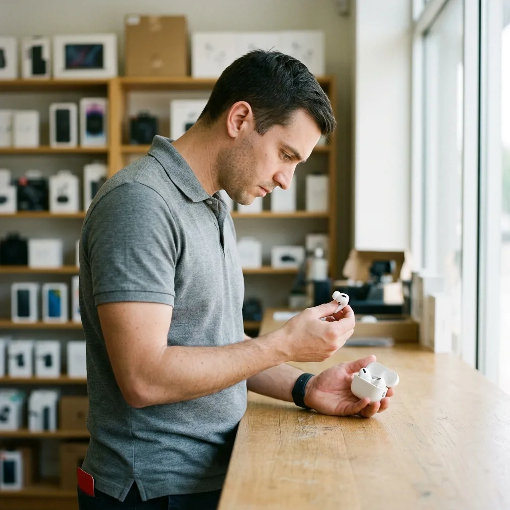 Специалист по выкупу наушников проверяет AirPods Pro