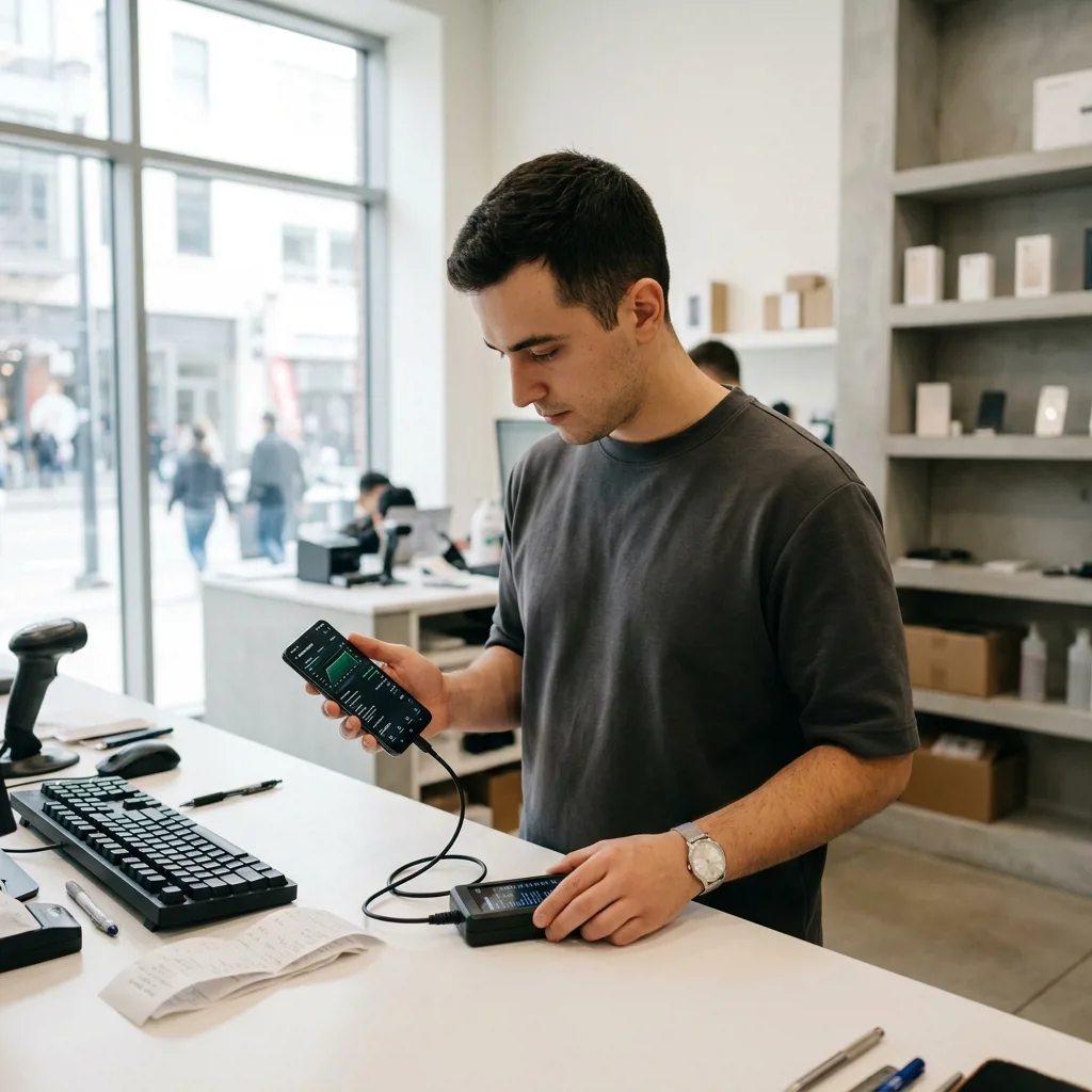 Специалист проводит оценку смартфона Samsung Galaxy