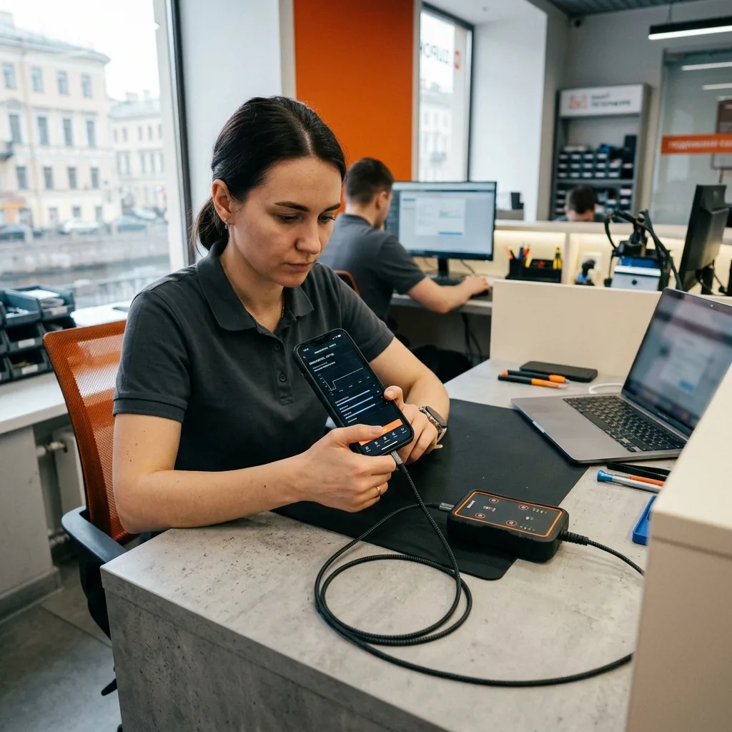 Специалист проводит диагностику iPhone перед срочным выкупом в Санкт-Петербурге