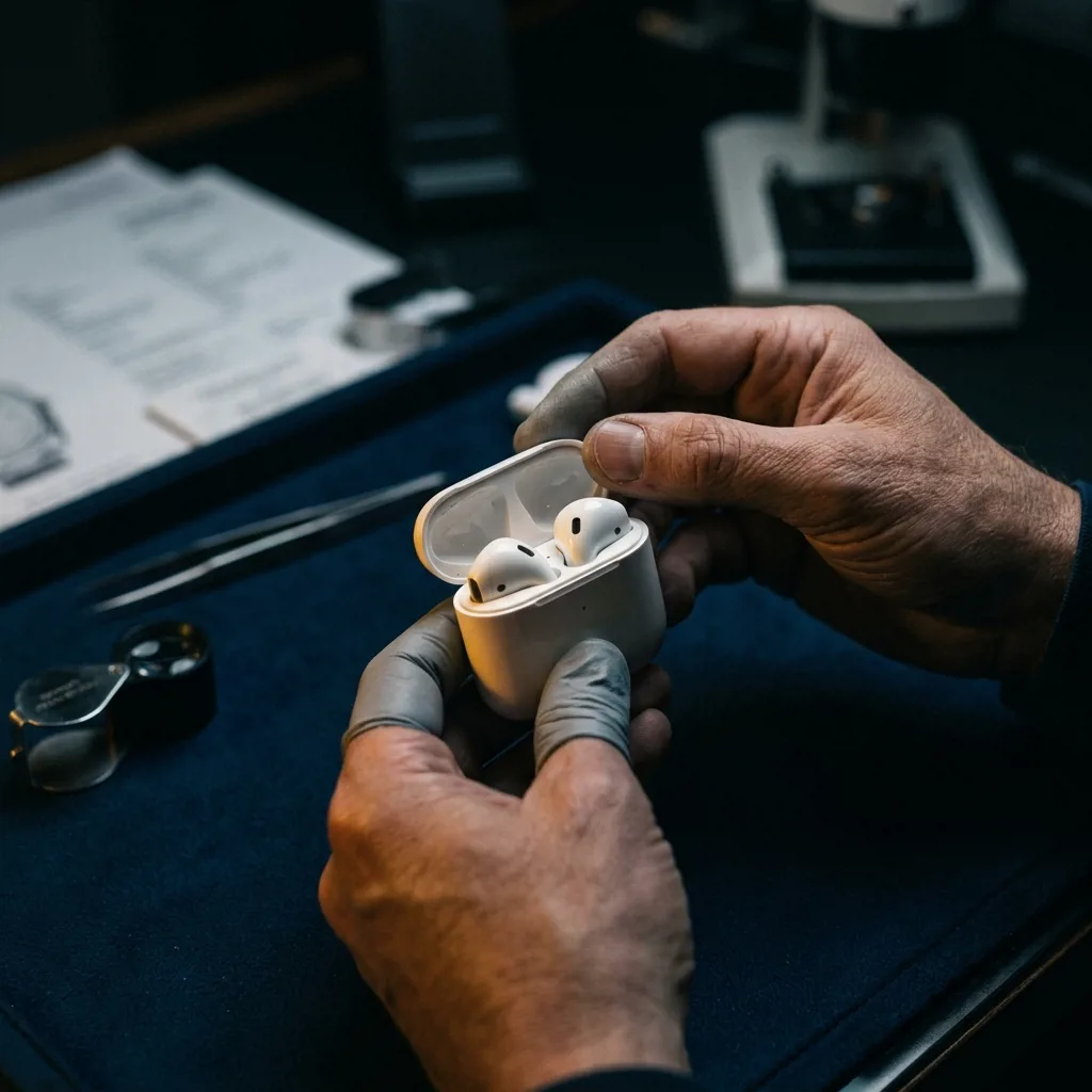 Процесс скупки наушников AirPods в Василеостровском районе — специалист проверяет устройство