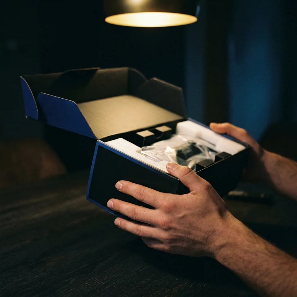 Человек держит в руках коробку с игровой консолью PlayStation 5 Slim