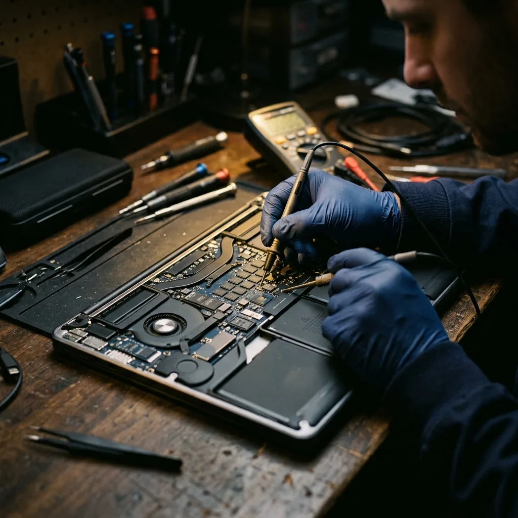 Специалист проводит диагностику MacBook перед продажей