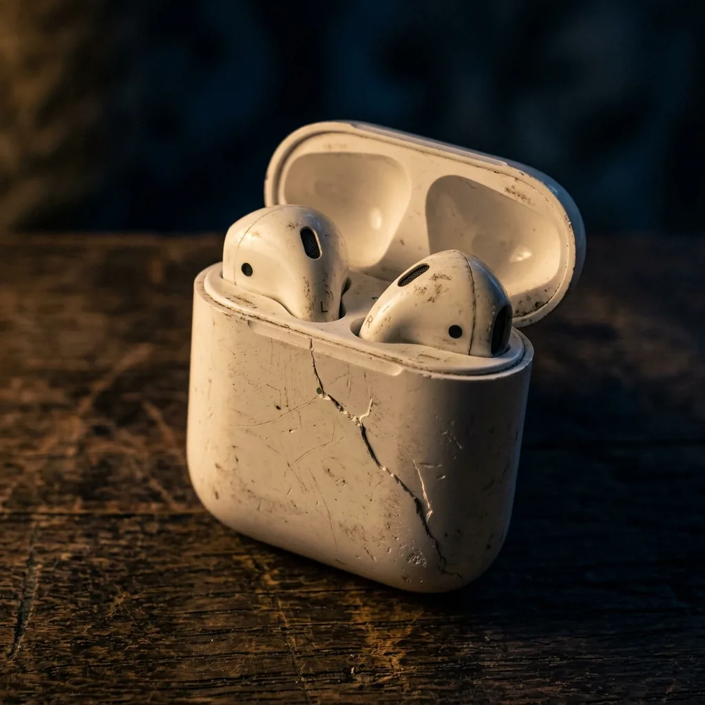 Повреждённые наушники AirPods с разбитым кейсом