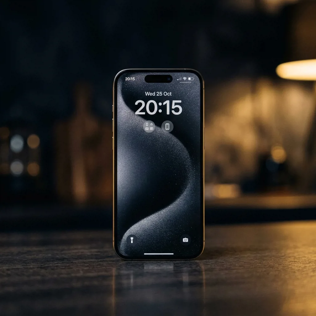 iPhone 15 Pro 128 ГБ — вид спереди, титановый корпус