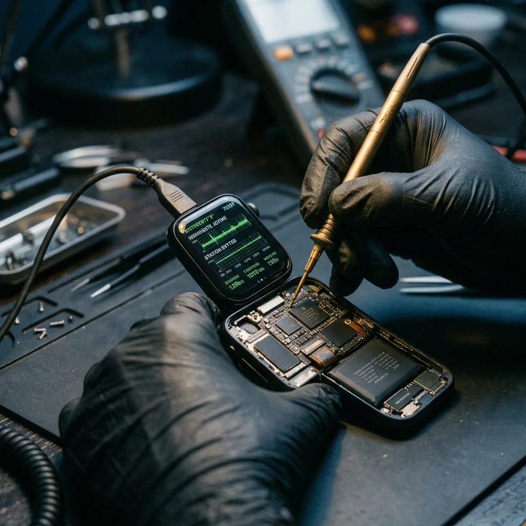 Специалист проводит диагностику Apple Watch перед выкупом