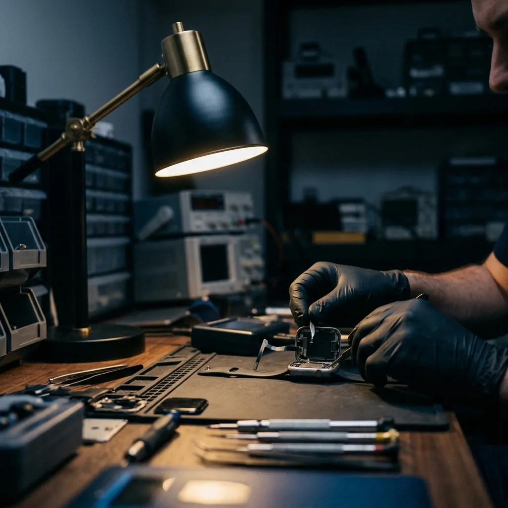 Специалист Re:Скупка проводит диагностику Apple Watch перед продажей