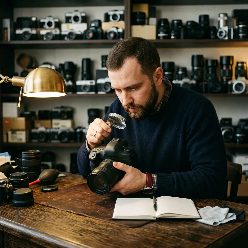 Оценщик фототехники проверяет фотоаппарат перед выкупом