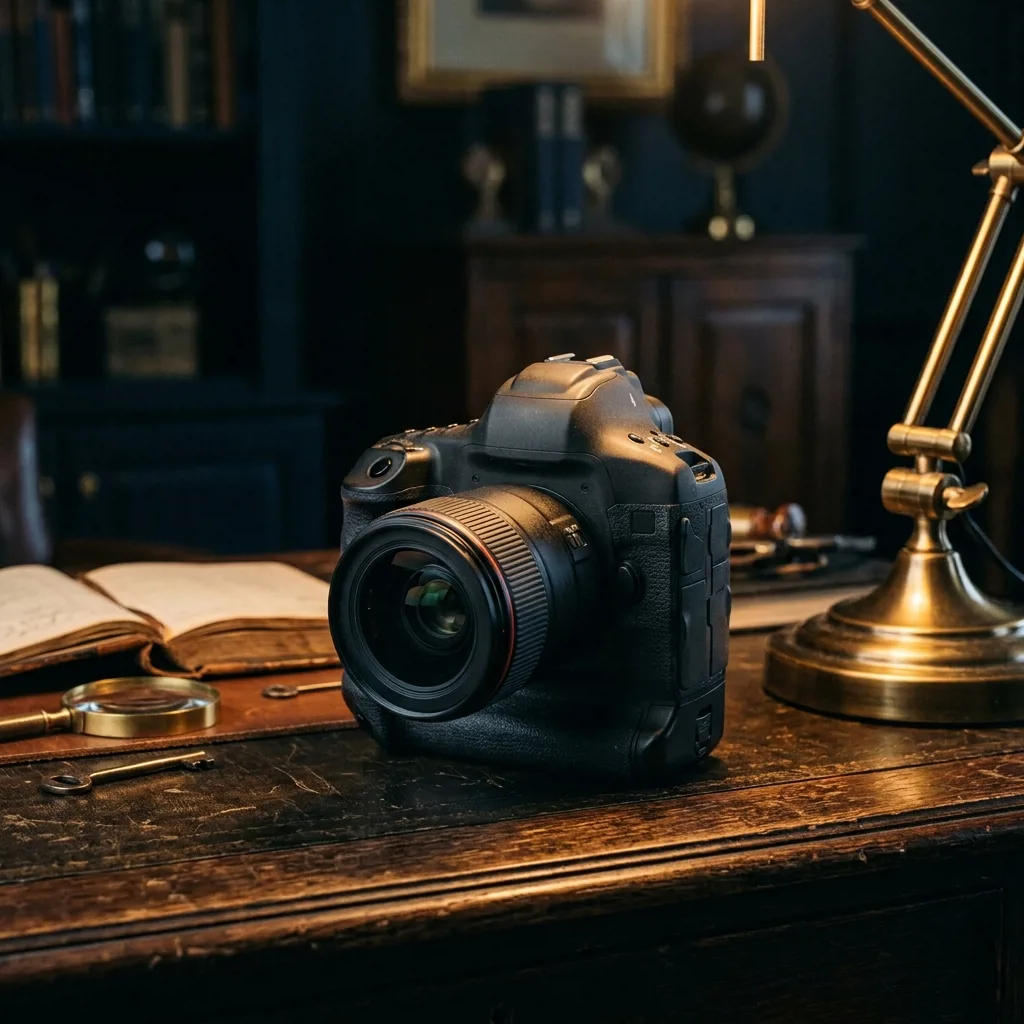 Зеркальный фотоаппарат Canon с объективом на столе оценщика