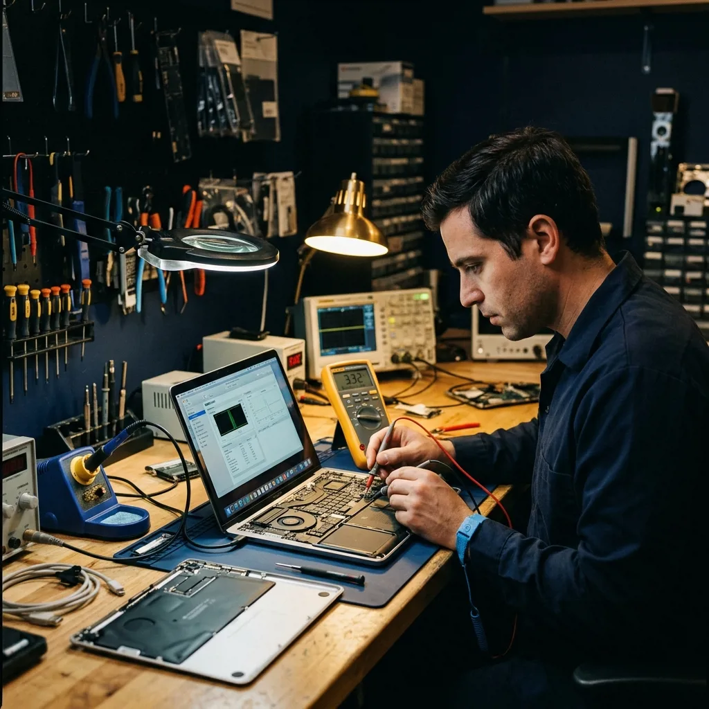 Специалист Re:Скупка проводит диагностику MacBook Pro 13 M2 перед продажей