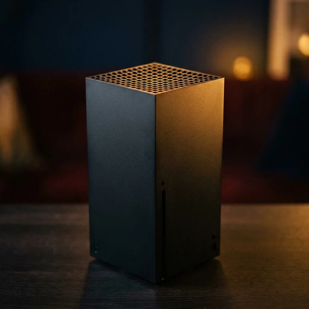 Игровая консоль Xbox Series X чёрного цвета вертикальной формы