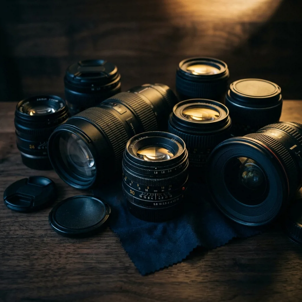 Несколько объективов для фотоаппарата, подготовленных к оценке и скупке