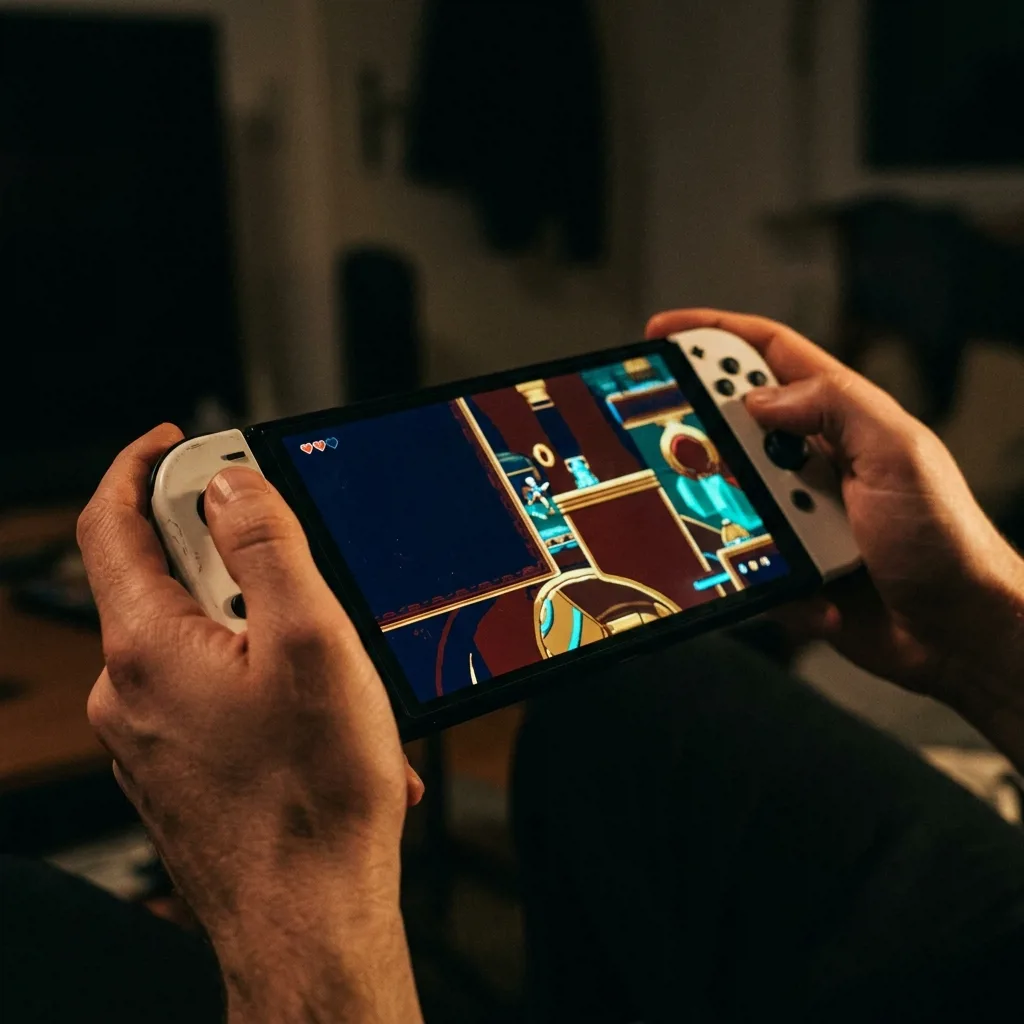 Nintendo Switch OLED в портативном режиме с ярким экраном