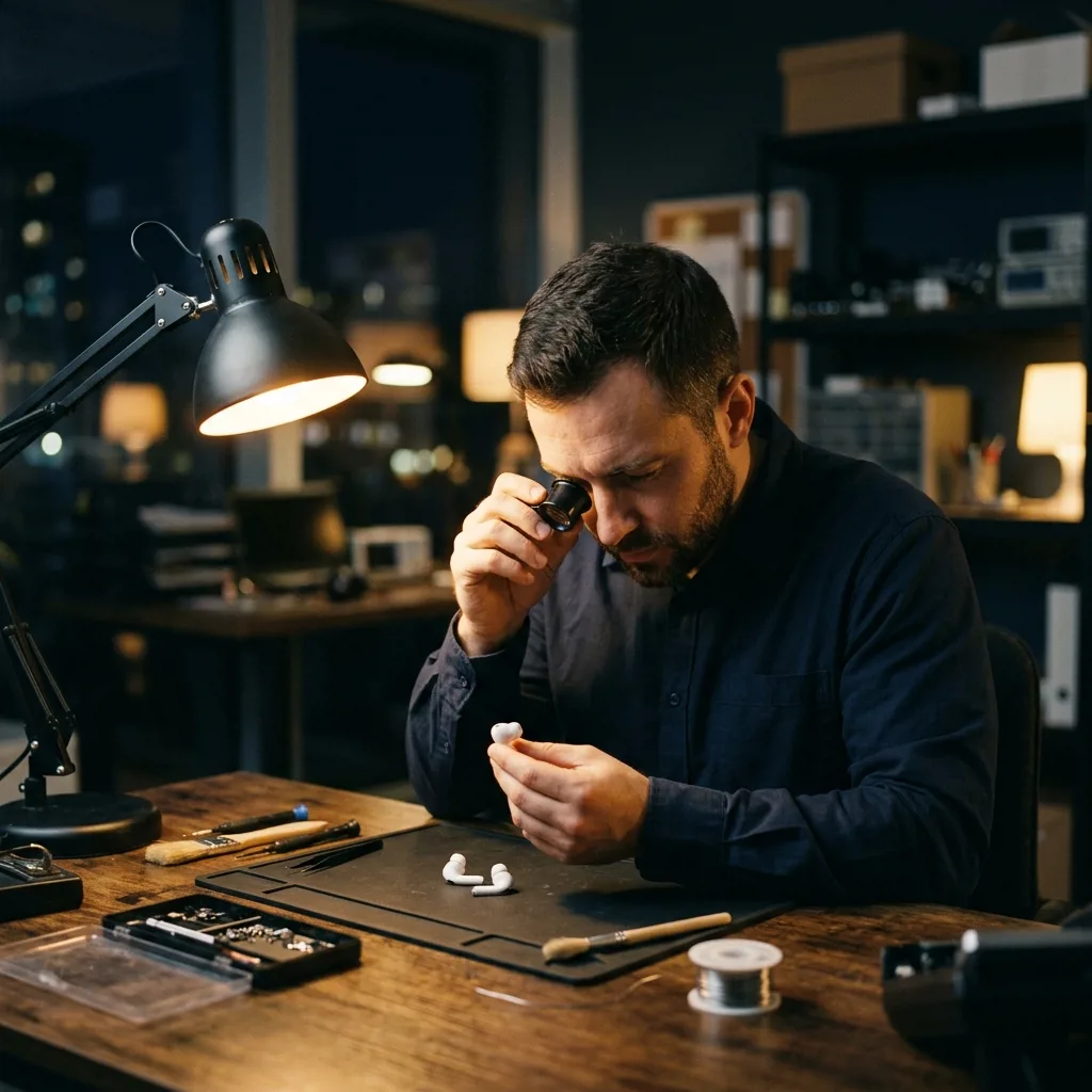 Специалист по скупке техники проверяет наушники AirPods