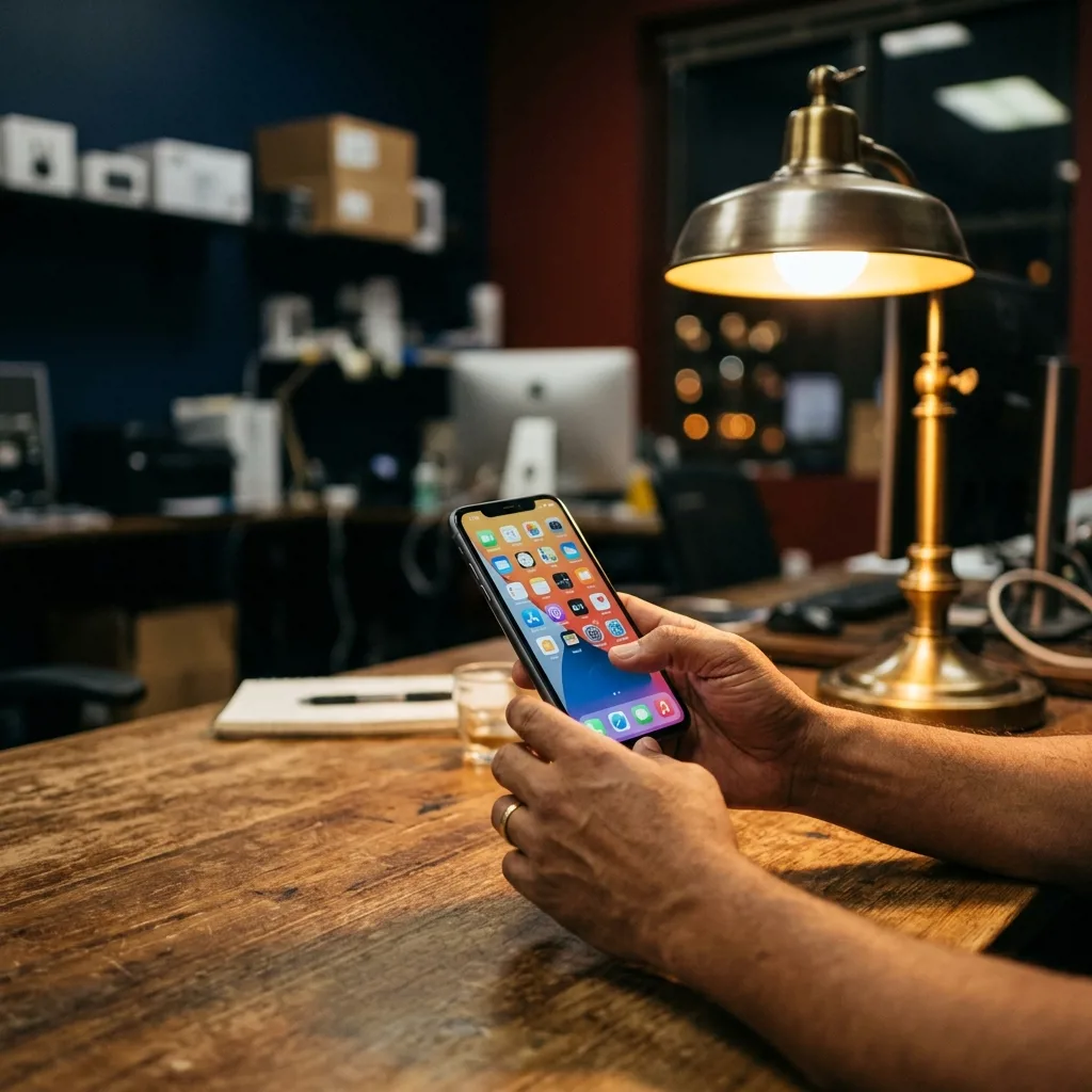 Покупатель проверяет восстановленный iPhone перед оплатой в офисе