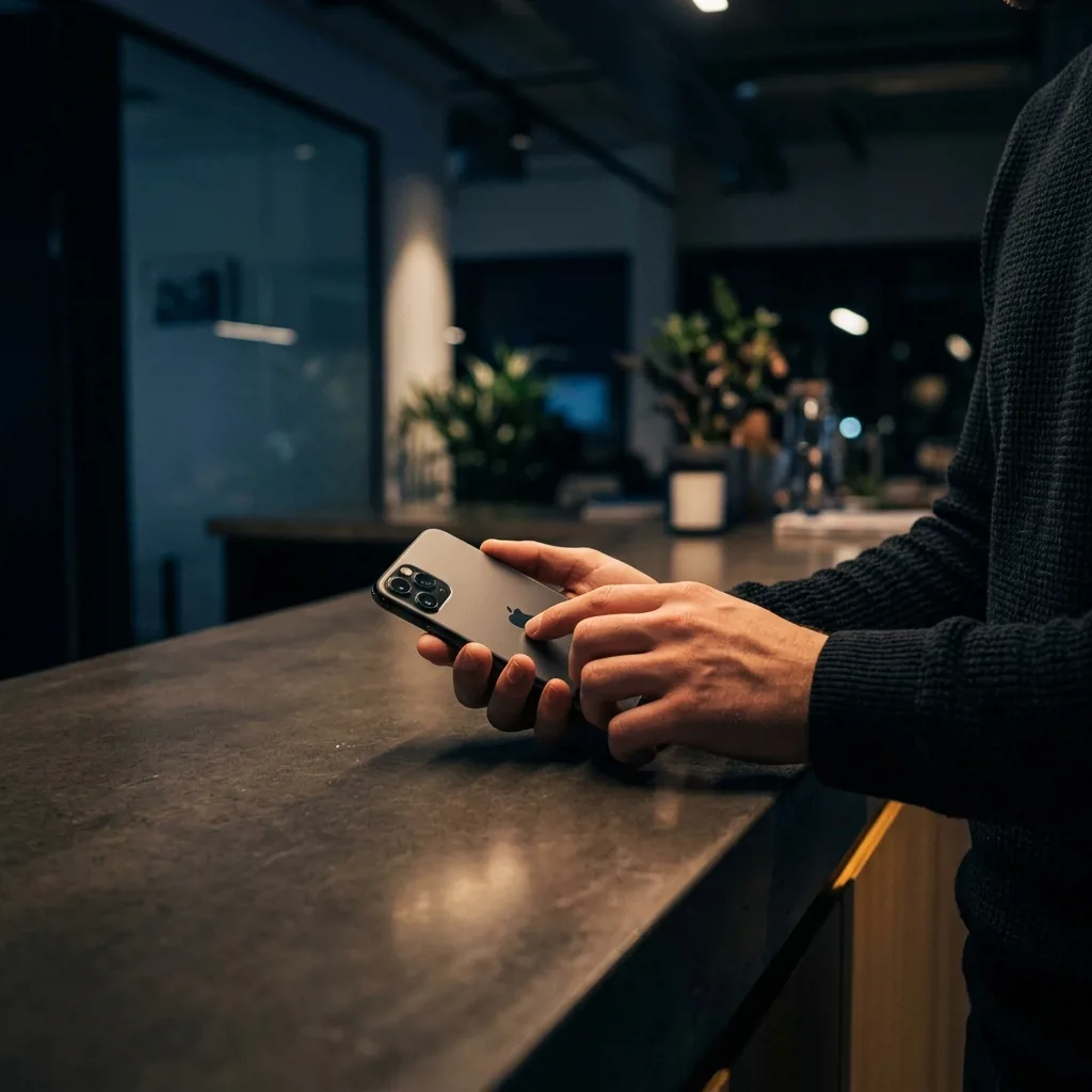 Клиент проверяет iPhone 11 Pro перед покупкой в офисе Re:Скупка